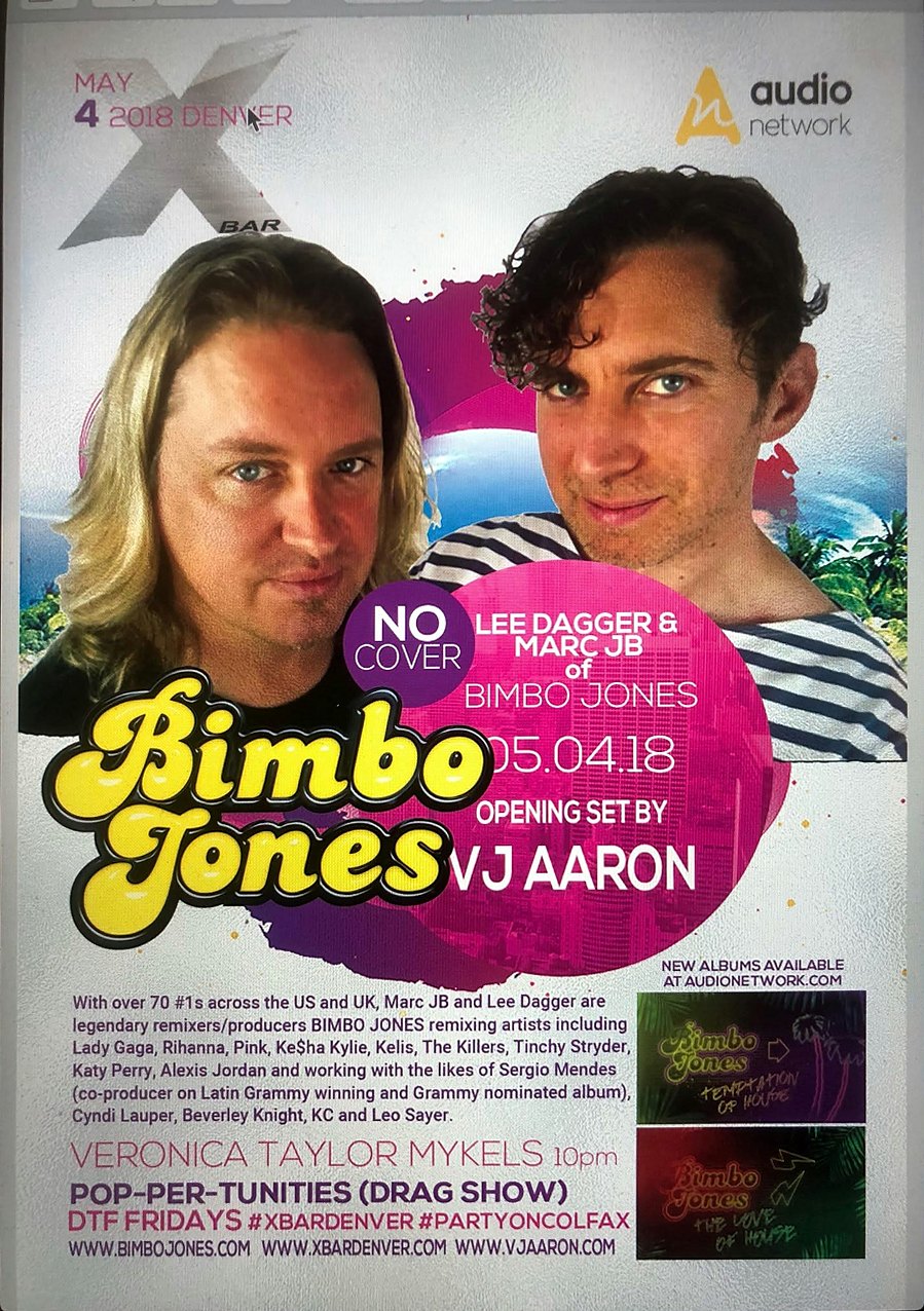 Poster for Lee Dagger & Marc JB of Bimbo Jones at X Bar, Denver, 4 May 2018