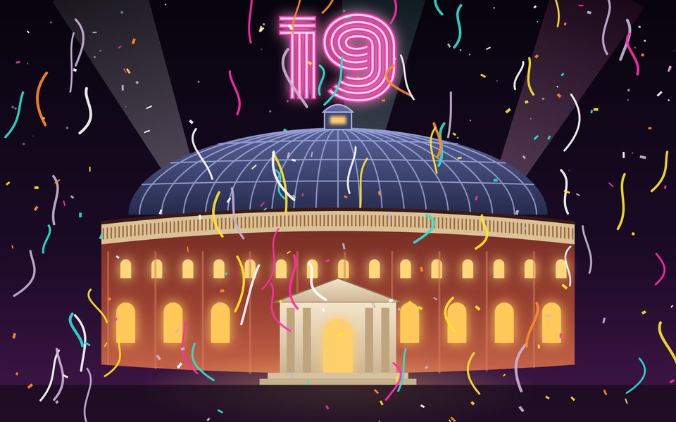 A drawing of the Royal Albert Hall with a neon 19 and ticker tape